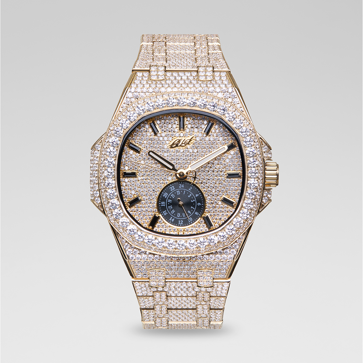 39MM Visionary Fully Iced Case & Steel Band Watch - Yellow Gold