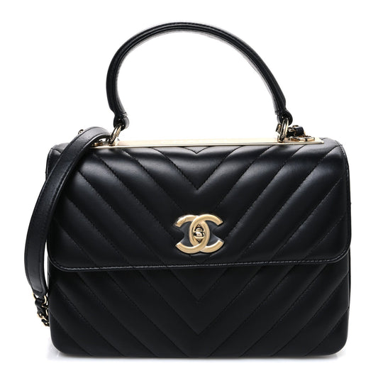 Lambskin Chevron Quilted Small Trendy CC Flap Dual Handle Bag Black