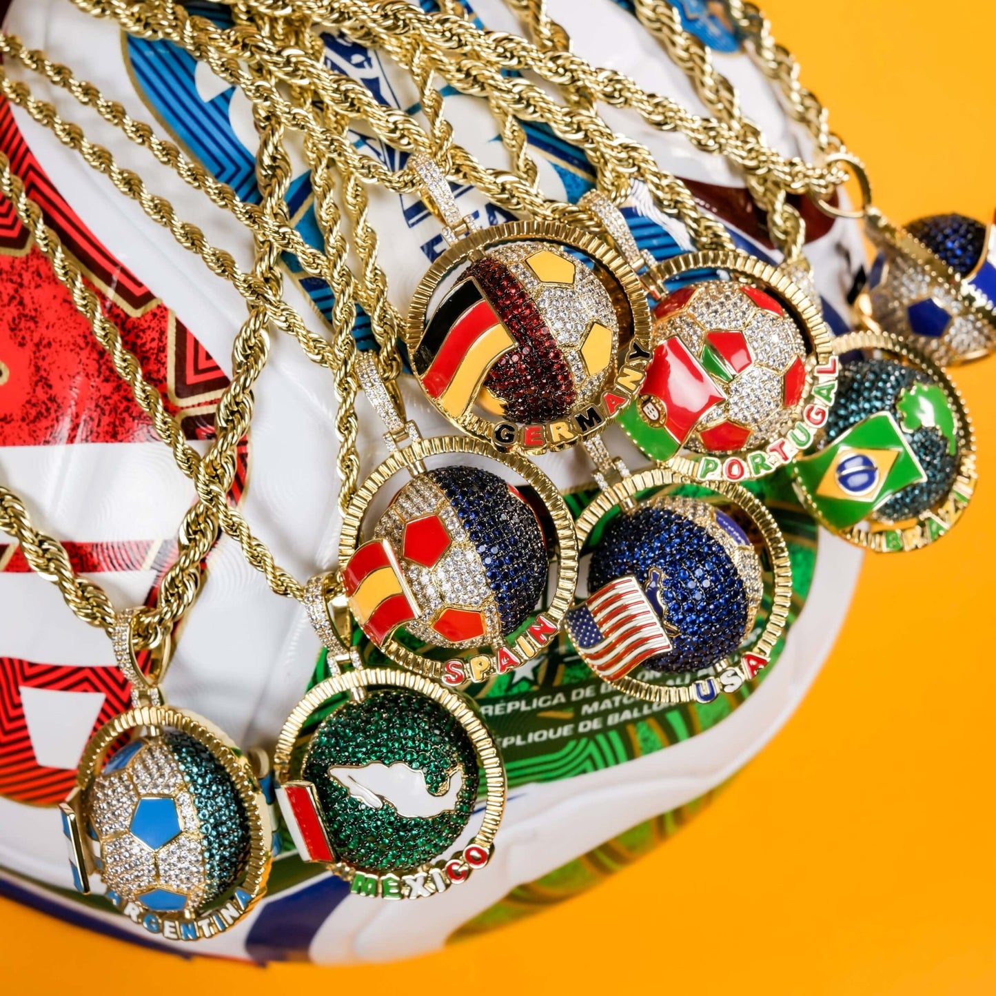 Diamond Spain Spinning Globe Flag Pendant in Yellow Gold